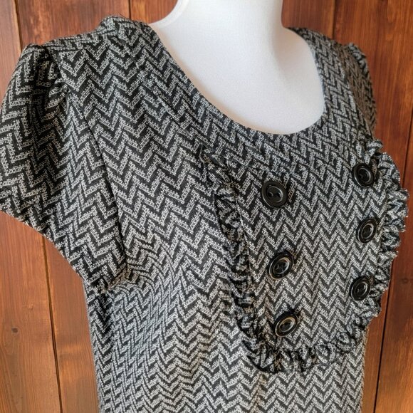 Retro Indie Twee Women L Black Gray Chevron Mini Dress Ruffle Bib Panel 2000s - Picture 11 of 14